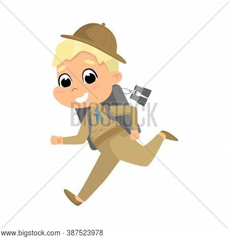 Scout Boy Running With Backpack, Cute Scouting Elementary School Child Character In Uniform, Summer 