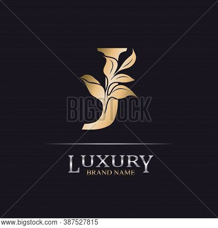 Golden Initial Letter J. Elegant Design Letter J With Floral Branch. Luxury Gold Logo Icon. Vintage 