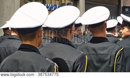 Rouen, France - June Circa, 2019. Unidentified Sailors Parade In Streets At The Festival Of The Navy