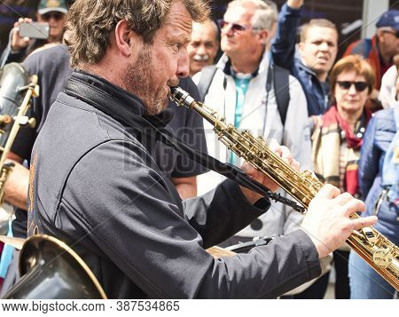 Rouen, France - June Circa, 2019. Unidentified Sailors Parade In Streets At The Festival Of The Navy