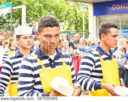 Rouen, France - June Circa, 2019. Unidentified Sailors Parade In Streets At The Festival Of The Navy