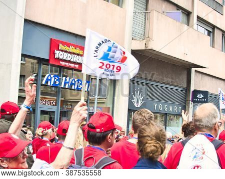 Rouen, France - June Circa, 2019. Unidentified Sailors Parade In Streets At The Festival Of The Navy