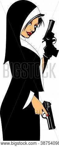 Nun In Black Robe With Black Pistol, Vector And Illustration