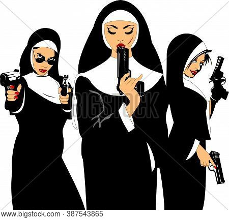Three Beautiful Nuns With Black Gun, Vector And Illustration