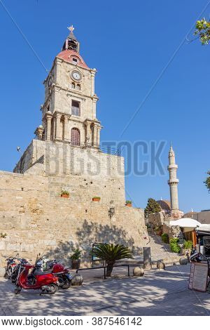 Roloi Clock Tower In Rhodes Fortress, Greece - September 2019