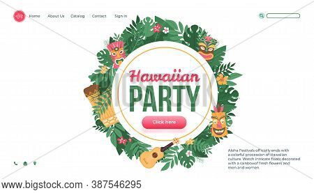 Aloha Hawaiian Party Website Interface Design With Tropical Leaves, Flat Vector Illustration. Beach 