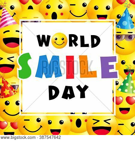 World Smile Day Banner, October 2th. Smile Icon In Colored Text Template Design. Vector Smiling Emot