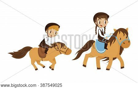 Cute Kid Jockey Riding Horse With Leading Reins Vector Set