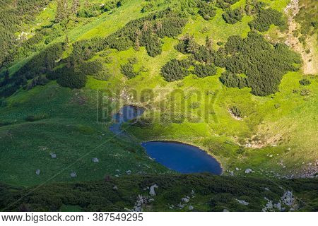 Summer Mountain Landscape With Small Lake In Far. View From Marmaros Pip Ivan Mountain, Carpathian, 