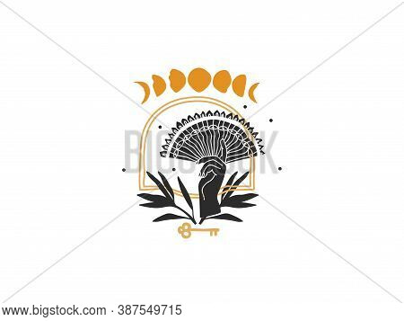 Hand Drawn Vector Abstract Stock Flat Graphic Illustration With Logo Elements , Female Hand And Moon