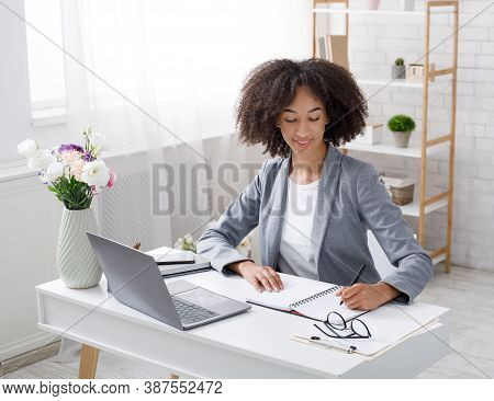 Adopt An Order From Clients In Online Office Remotely At Home During Covid-19 Outbreak. Cheerful Afr