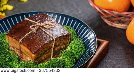 Dong Po Rou (dongpo Pork Meat) In A Beautiful Plate With Green Vegetable, Traditional Festive Food F
