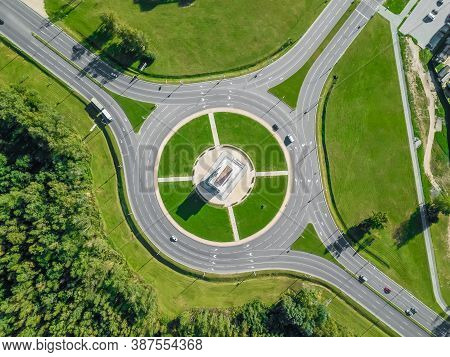 Aerial View Of The Ring Road With A Three-way Fork On A Sunny Summer Day. City Infrastructure. Beaut