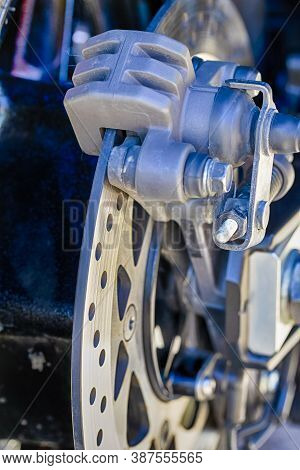 Closeup Of Modern Motorcycle Front Brake System.