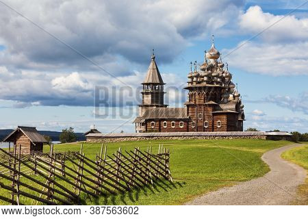 17th century wooden churches and bell tower of Kizhi Pogost historical site on Kizhi Island at Lake Onega, one of the most popular tourist destinations in Karelia Russia