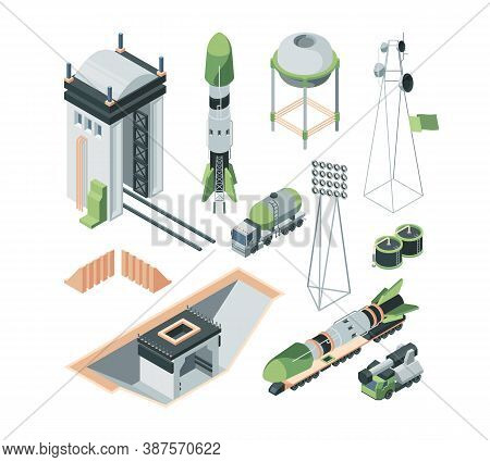 Equipment Cosmodrome Isometric Big Set. Underground Bunker For Flight Managers Tractor Transporting 