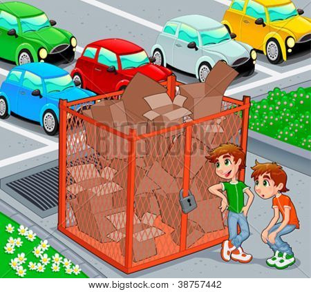 Zwillinge sind in der Nähe von einem recycling Käfig.  Vektor- und Comic-Illustration.
