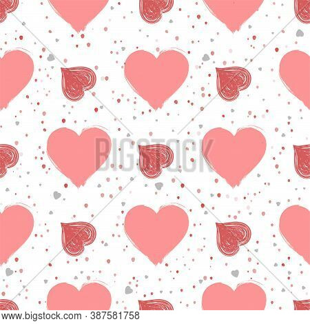 Vector Seamless Pattern With Watercolor Hearts On A White Background. For Valentine Day Design.