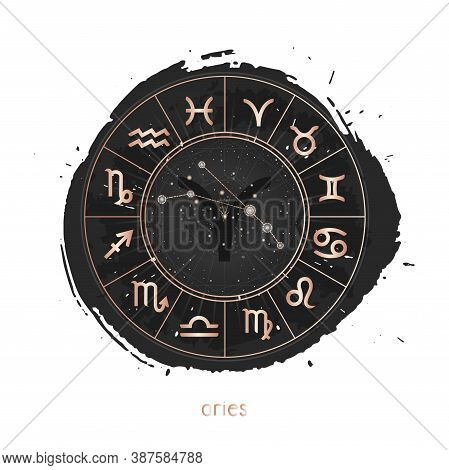 Vector Illustration Of Zodiac Sign And Constellation Aries With Horoscope Circle On A Grunge Ink Bac