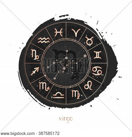 Vector Illustration Of Zodiac Sign And Constellation Virgo With Horoscope Circle On A Grunge Ink Bac