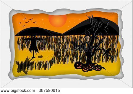Haloween Scene In The Suneset With The Black And Orange Color About Tree, Grass, Scrarecrow, Crow An