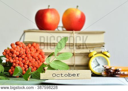 Happy Teacher's Day. Books, Rowan, Apple And Medical Protective Mask With Copy Space, Still Life.cov