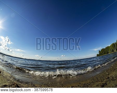 Shore Of The Lake, Sand, Lapping Waves, Blue Sky With Light Clouds, Fisheye Lens, Lake Uvildy