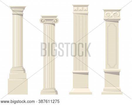 Vintage Classic Carved Architectural Pillars Flat Set For Web Design. Cartoon Roman, Renaissance Or 