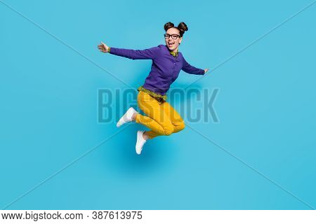 Full Body Profile Photo Of Crazy Lady Two Buns Jump High Celebrate Vacation Holidays Weekend Rejoici