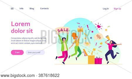 Customers Celebrating Sale. People Holding Gift, Credit Card, Loudspeaker, Dancing, Having Fun. Vect