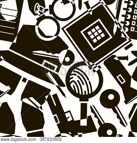 Seamless Abstract Pattern With Icons Of Detective Themes. Black Icons Of Detective Investigation Hat