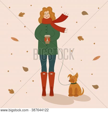 Vector Illustration Of A Cute Women With A Hot Drink In Her Hands, Walking In The Autumn Park With H