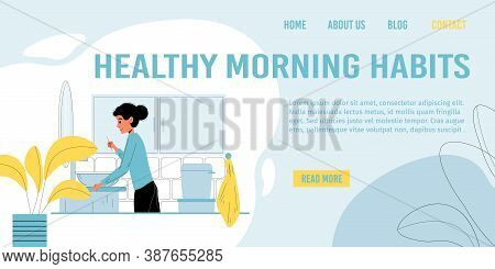 Landing Page Promoting Healthy Morning Habits. Young Boy Brushing Teeth In Bathroom After Wakeup. Ki