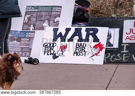 Toronto, Canada - 01 04 2020: Anti-war Plackard But By Protesters Outside The U.s. Consulate In Toro