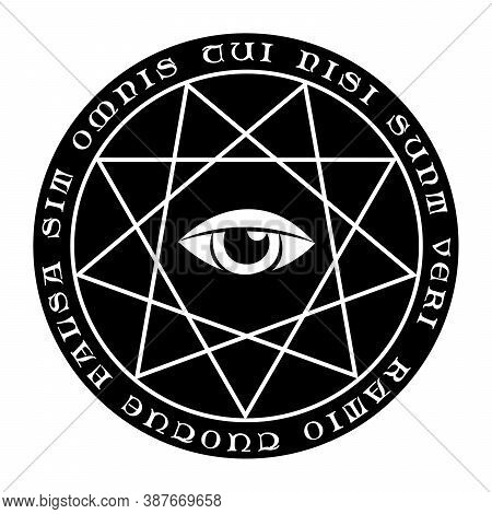 Nine-pointed Star With Text And An All Seeing Eye In The Middle, Black And White Vector Emblem