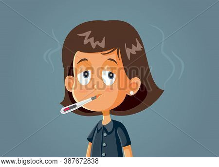 Sick Girl With Thermometer In Her Mouth