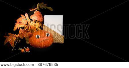 Banner With Empty Paper Mockup. Funny Pumpkin With Eyes And Rowan Leaves. Black Background. Thanksgi