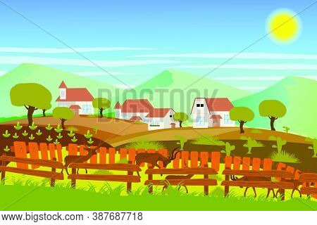 A Beautiful Village On The Slopes With A Vegetable Farm And Deer Farm With Fertile Soil Vector Illus