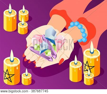 Magical Services Isometric Composition With Hands Of Fortune Teller Holding Bunch Of Stones With Bur
