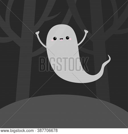 Landscape With Scary Tree Forest Scene. Flying Ghost Spirit In The Dark. Happy Halloween. Cute Carto