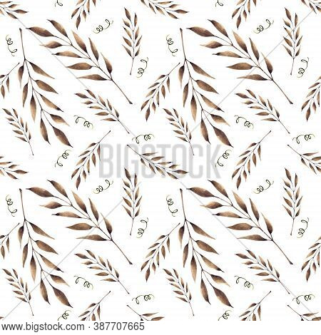 Seamless Pattern With Brown Leaves On White Background. Hadn Drawn Illustration.