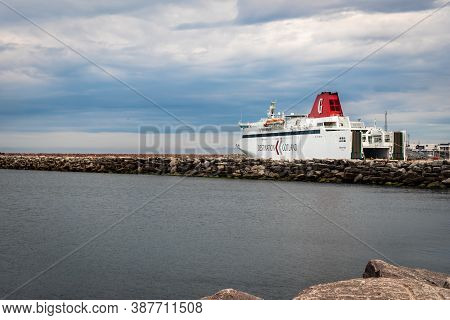 Visby, Sweden - July 28, 2020: Scenic Summer Seaside View Of The Ferry Destination Gotland Moored At