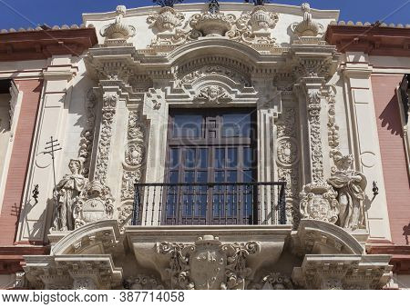 Archbishop Palace Facade. Spanish Baroque Style Building In Seville, Spain. Upper Section