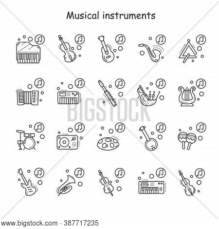 Musical Instruments Line Icons Set. Piano, Drum, Guitar, Trumpet, Violin And More. Lassical, Ethnic 