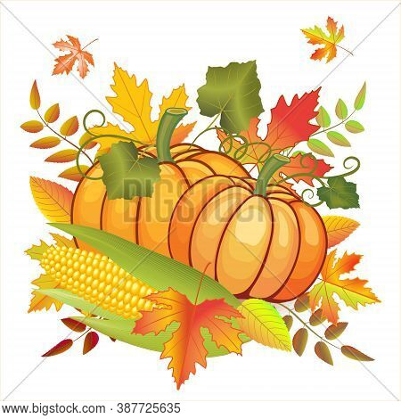 Happy Thanksgiving Day Celebration Concept With Pumpkins. Сorn And Leaf Decoration Are In The Backgr