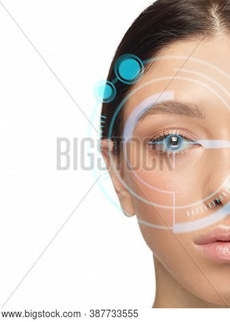 Future Woman With Cyber Technology Eye Panel, Cyberspace Interface, Ophthalmology Concept. Beautiful