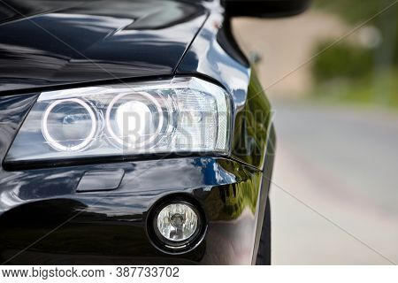 Grodno, Belarus - June 2020: Bmw X3 Ii F25 2.0i Xdrive Black Car Parts Left Front Headlight And Fog 