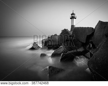 The Lighthouse In The Harbor Of Sassnitz, Baltic Sea - Germany - Bw