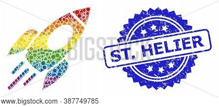 Spectrum Colored Vector Space Rocket Mosaic For Lgbt, And St. Helier Grunge Rosette Stamp. Blue Stam