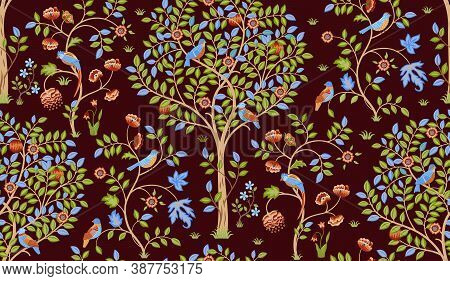 Fantasy Tree With Birds Seamless Ornament On Burgundy Background. Green Foliage, Tropical Birds, Par